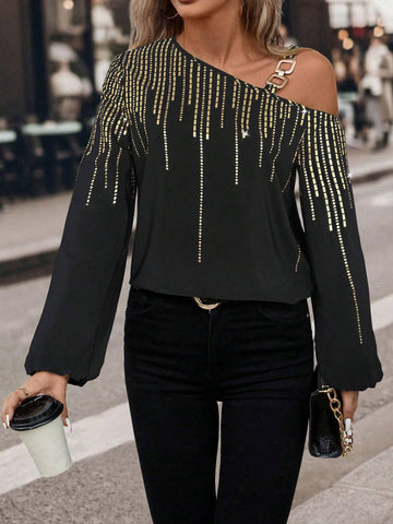 LUNE 1pc Women's Autumn Foil Print Asymmetrical Neck Lantern Sleeve Elegant Blouse