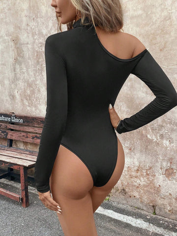 1pc Women's Black Shoulder Cutout Casual Bodysuit, For Fall/Winter