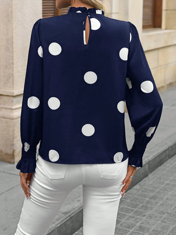 LUNE 1pc Women's Black & White Polka Dot Ruffle Collar Long Sleeve Blouse