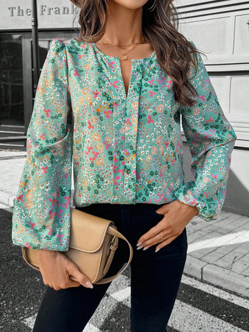 LUNE 1pc Women's Casual Ditsy Ditsy Floral Long Sleeve Blouse, Basic Autumn/Winter Outfit
