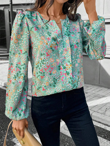 LUNE 1pc Women's Casual Ditsy Ditsy Floral Long Sleeve Blouse, Basic Autumn/Winter Outfit