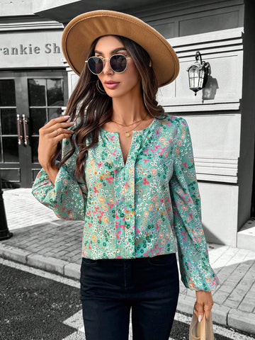 LUNE 1pc Women's Casual Ditsy Ditsy Floral Long Sleeve Blouse, Basic Autumn/Winter Outfit