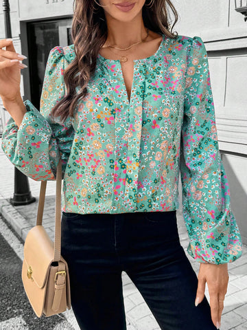 LUNE 1pc Women's Casual Ditsy Ditsy Floral Long Sleeve Blouse, Basic Autumn/Winter Outfit