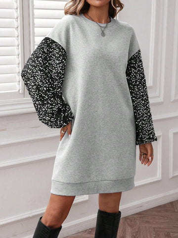 2024 Autumn/Winter New Women Sequin Patchwork Short Sweatshirt Dress