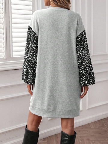 2024 Autumn/Winter New Women Sequin Patchwork Short Sweatshirt Dress