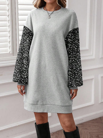 2024 Autumn/Winter New Women Sequin Patchwork Short Sweatshirt Dress