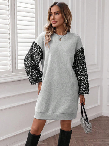 2024 Autumn/Winter New Women Sequin Patchwork Short Sweatshirt Dress