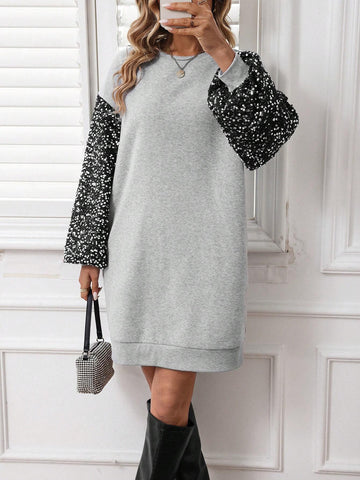 2024 Autumn/Winter New Women Sequin Patchwork Short Sweatshirt Dress