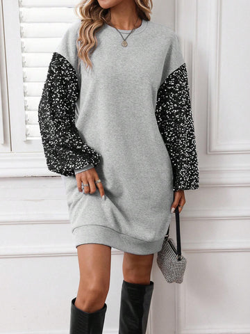 2024 Autumn/Winter New Women Sequin Patchwork Short Sweatshirt Dress