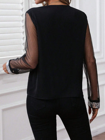 LUNE 2024 Fall/Winter New Arrival Party Wear Black & Silver Contrast Hollow Woven Blouse For Women, Suitable For Parties