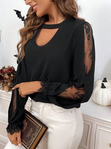 LUNE 2024 Fall New Sexy Hollow Out Lace Blouse For Women Halloween Clothes