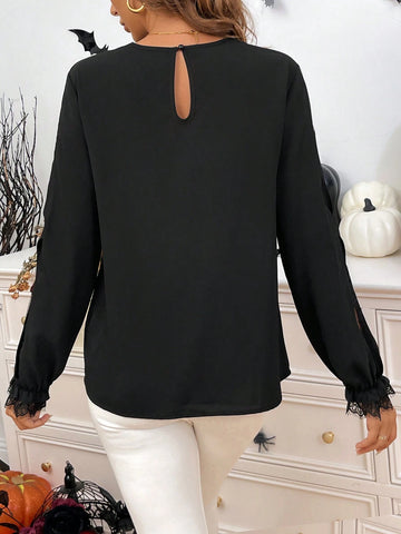 LUNE 2024 Fall New Sexy Hollow Out Lace Blouse For Women Halloween Clothes