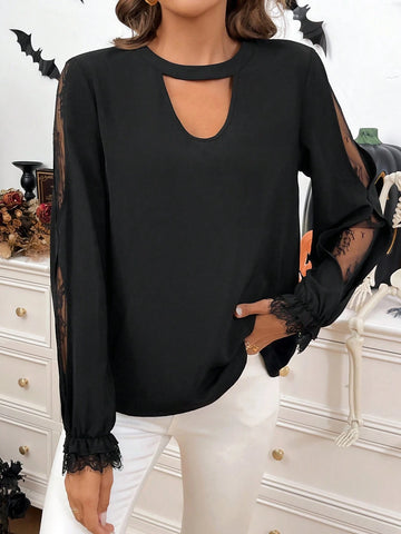 LUNE 2024 Fall New Sexy Hollow Out Lace Blouse For Women Halloween Clothes