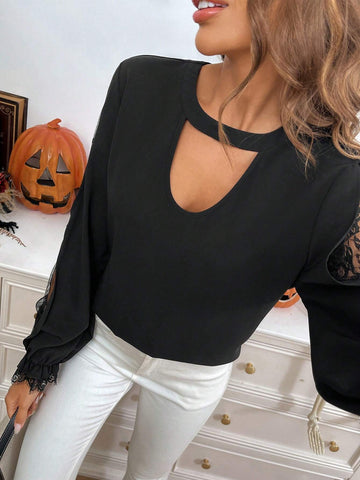 LUNE 2024 Fall New Sexy Hollow Out Lace Blouse For Women Halloween Clothes
