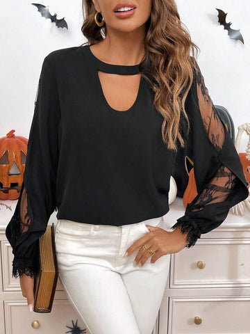 LUNE 2024 Fall New Sexy Hollow Out Lace Blouse For Women Halloween Clothes