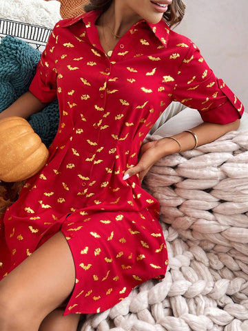 2024 Fall New Women's Short Halloween Bat Print Dress