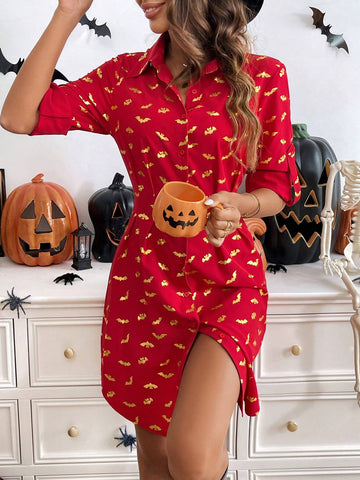 2024 Fall New Women's Short Halloween Bat Print Dress