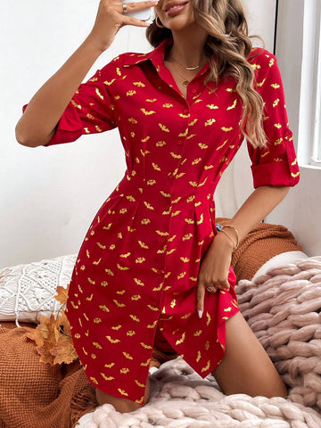 2024 Fall New Women's Short Halloween Bat Print Dress