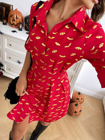 2024 Fall New Women's Short Halloween Bat Print Dress