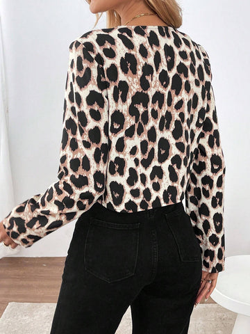 New Winter Season Casual French Style Leopard Print Shirt With Oversized Bow