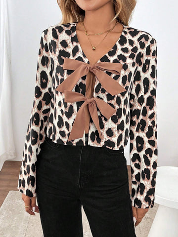 New Winter Season Casual French Style Leopard Print Shirt With Oversized Bow