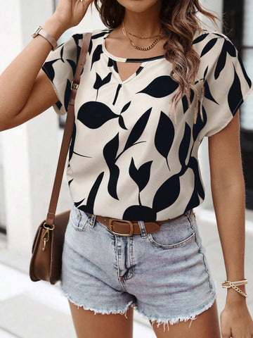 LUNE 2025 Spring New Arrival Solid Floral Print V-Neck Work Blouse, Short Sleeve Apricot Ladies Shirt