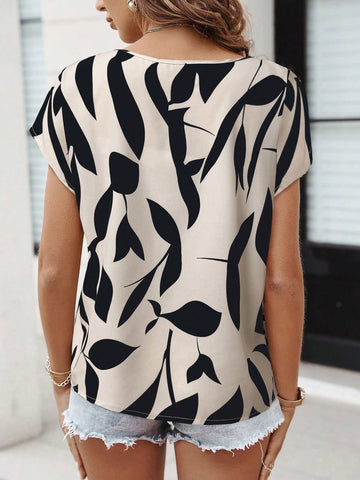LUNE 2025 Spring New Arrival Solid Floral Print V-Neck Work Blouse, Short Sleeve Apricot Ladies Shirt
