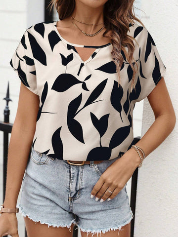 LUNE 2025 Spring New Arrival Solid Floral Print V-Neck Work Blouse, Short Sleeve Apricot Ladies Shirt