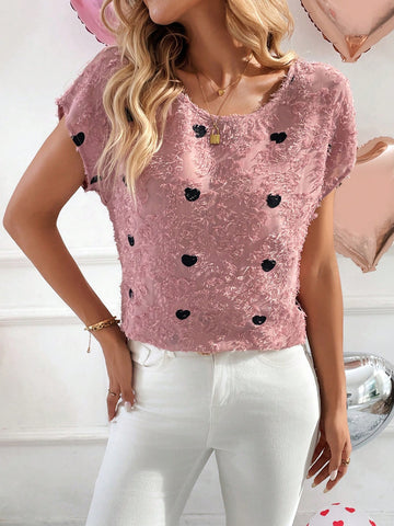 New Pink Heart Floral 3D Embroidery Short Sleeve Round Neck Valentine's Day Women Blouse