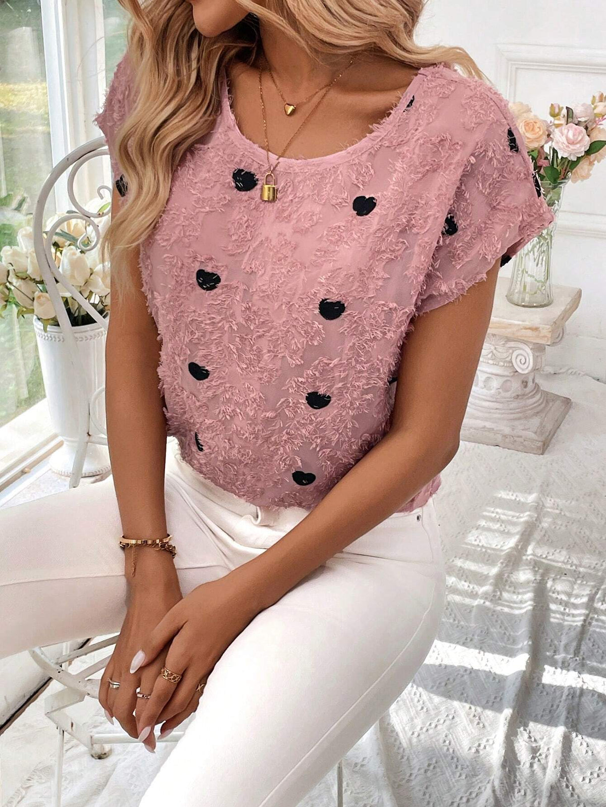 New Pink Heart Floral 3D Embroidery Short Sleeve Round Neck Valentine's Day Women Blouse