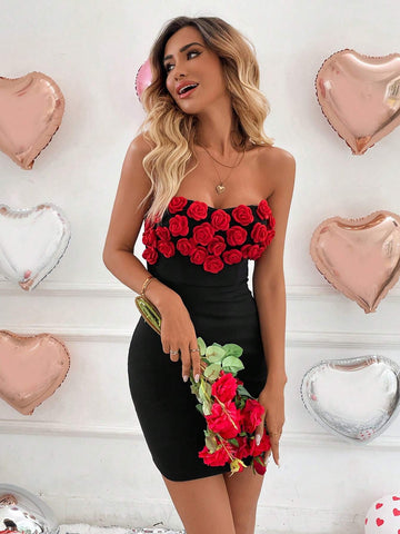 2025 Spring New Valentine's Day Red 3D Floral & Heart Print Bodycon Bandeau Dress, Retro Fren