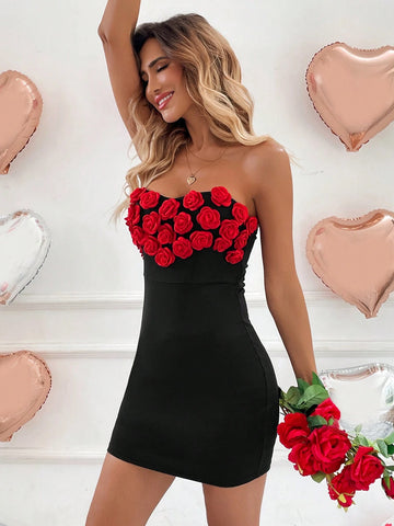 2025 Spring New Valentine's Day Red 3D Floral & Heart Print Bodycon Bandeau Dress, Retro Fren