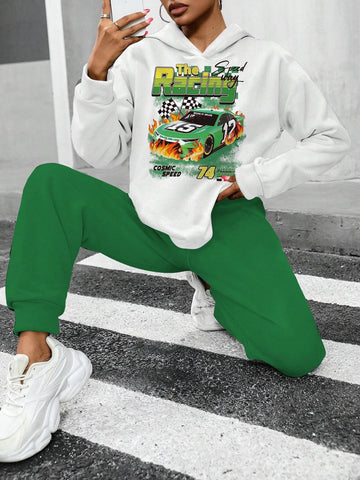 2pcs/Set Women Casual Loose Fit Racing Car Print Drop Shoulder Hooded Sweatshirt And Long Pants Set, Autumn/Winter