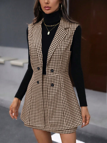 2pcs/Set Women Winter Black & White Houndstooth Sleeveless Double-Breasted Top & Retro Style A-Line Skirt, Casual Set