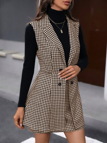 2pcs/Set Women Winter Black & White Houndstooth Sleeveless Double-Breasted Top & Retro Style A-Line Skirt, Casual Set