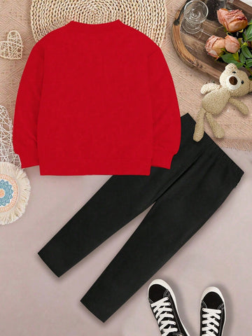 2pcs/Set Women Loose Fit Valentine's Day Heart Print Sweatshirt & Tight Leggings Pants Set