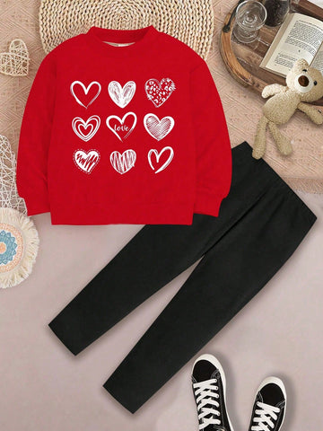 2pcs/Set Women Loose Fit Valentine's Day Heart Print Sweatshirt & Tight Leggings Pants Set