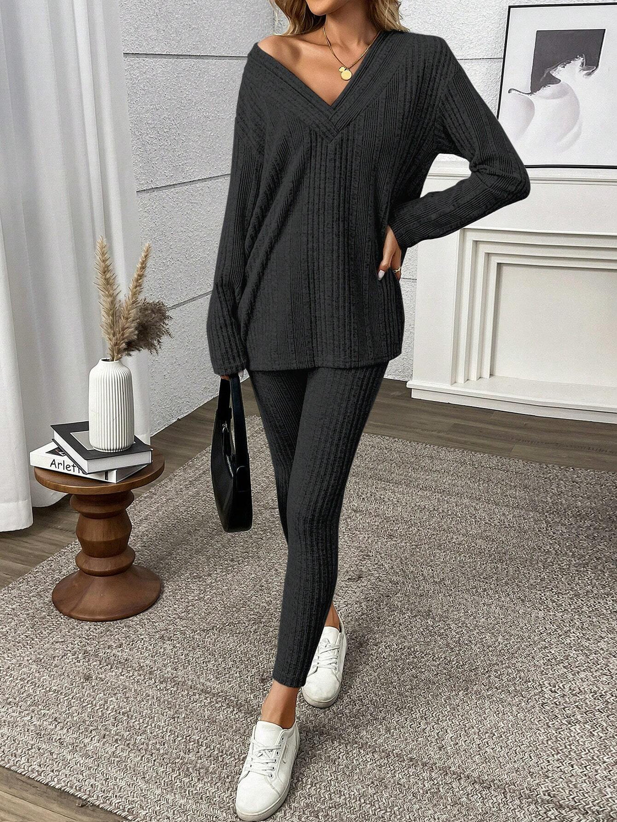 2pcs/Set Women Solid Color V-Neck Long Sleeve Top And Pants Set