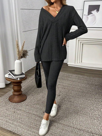 2pcs/Set Women Solid Color V-Neck Long Sleeve Top And Pants Set