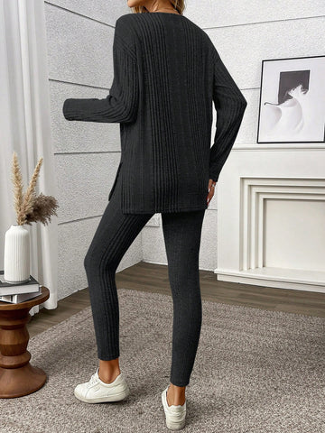 2pcs/Set Women Solid Color V-Neck Long Sleeve Top And Pants Set