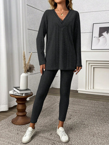 2pcs/Set Women Solid Color V-Neck Long Sleeve Top And Pants Set