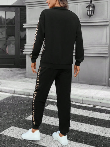 2pcs/Set Women Solid Color Zip-Up Front Long Sleeve Top And Pants Casual Outfit