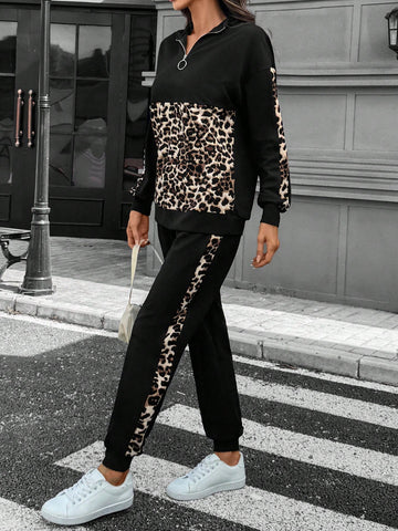 2pcs/Set Women Solid Color Zip-Up Front Long Sleeve Top And Pants Casual Outfit