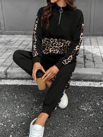 2pcs/Set Women Solid Color Zip-Up Front Long Sleeve Top And Pants Casual Outfit