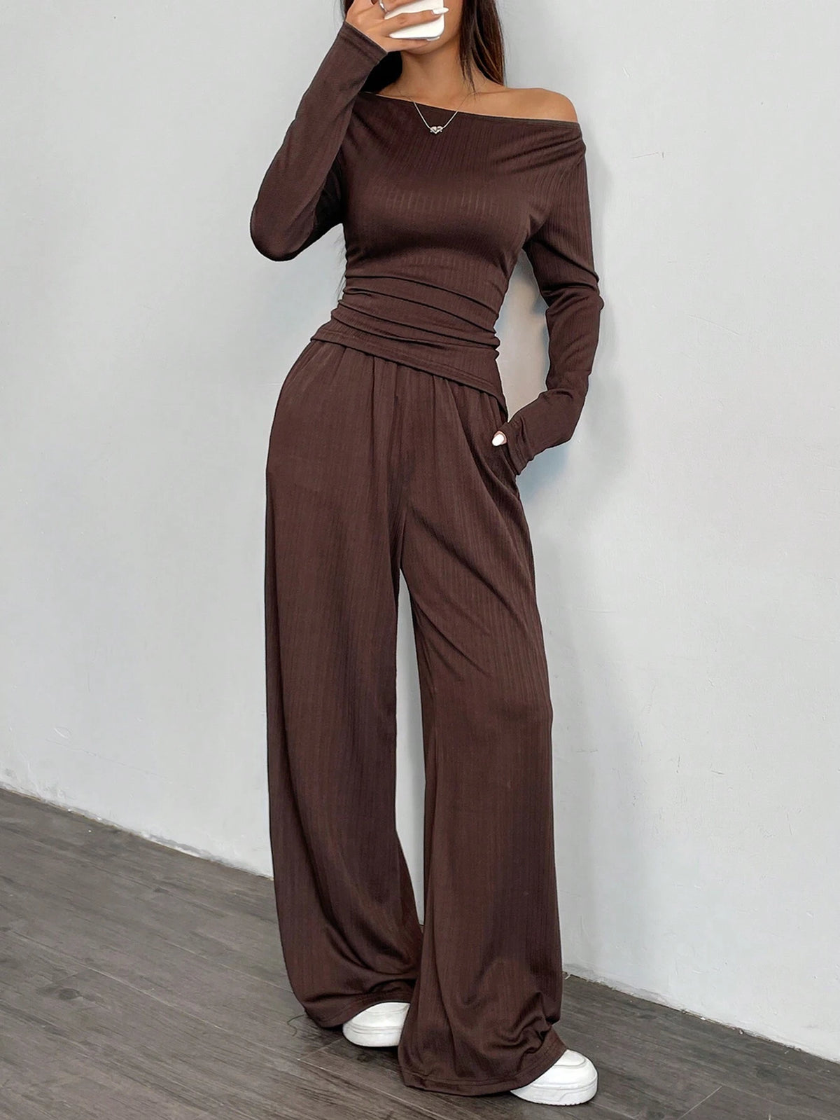 2pcs 2024 Autumn New Loose Feel Women Wide Leg Pants Set, Soft Comfy EU-US Style Slimming Asymmetrical Suit