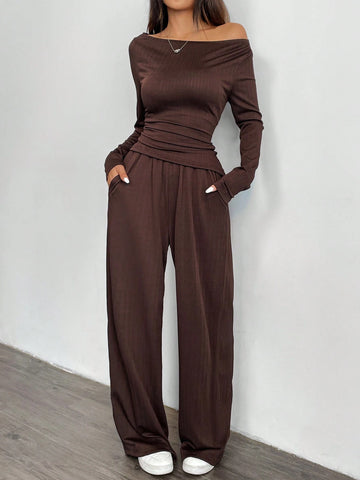 2pcs 2024 Autumn New Loose Feel Women Wide Leg Pants Set, Soft Comfy EU-US Style Slimming Asymmetrical Suit