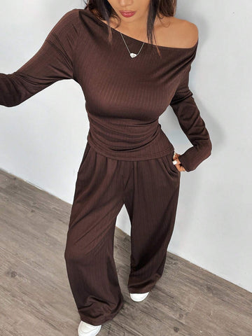 2pcs 2024 Autumn New Loose Feel Women Wide Leg Pants Set, Soft Comfy EU-US Style Slimming Asymmetrical Suit