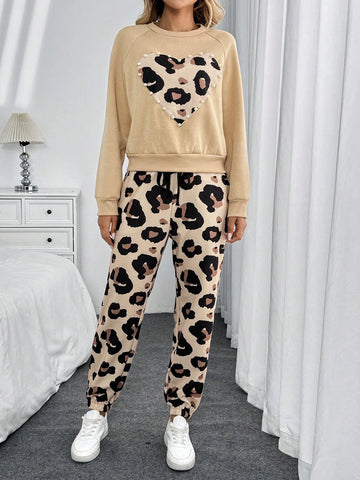 Vintage Leopard Print Heart Pearl Sweatshirt And Drawstring Waist Pocket Tapered Pants Women 2pcs Casual/Commuting/Sporty Elegant Outfit, Autumn/Winter