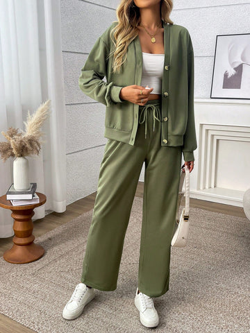 2pcs Women Set Front Button Long Sleeve Blouse And Long Pants, Minimalist Style
