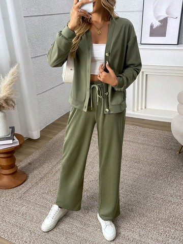 2pcs Women Set Front Button Long Sleeve Blouse And Long Pants, Minimalist Style